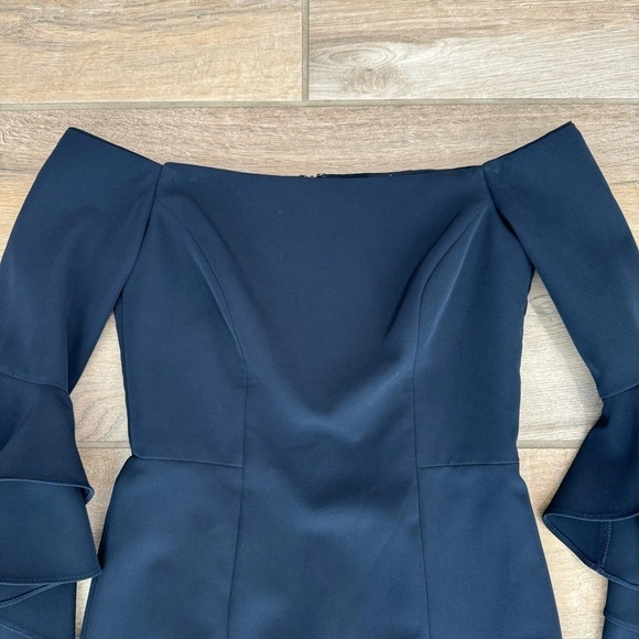 MILLY Women's Selena Off The Shoulder Mini Dress Ruffle Sleeves Navy Bodycon 0 - Picture 3 of 8